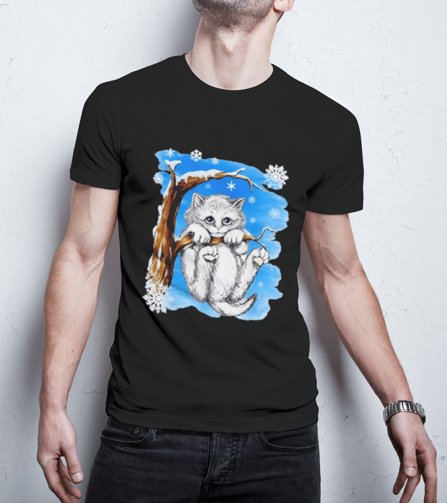 Hang In There Baby Cat In Snow With Snowflakes And Blue Sky T-Shirt