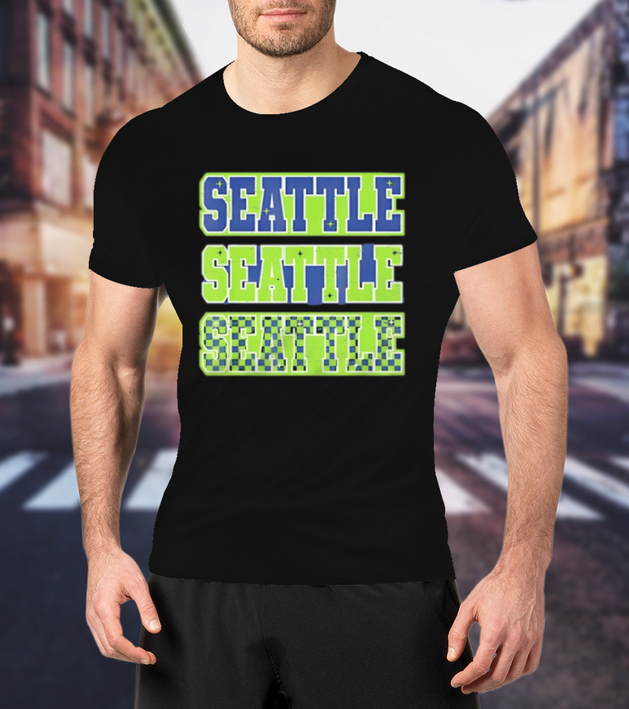 Seattle Blue Green Stars Checkerboard T-Shirt