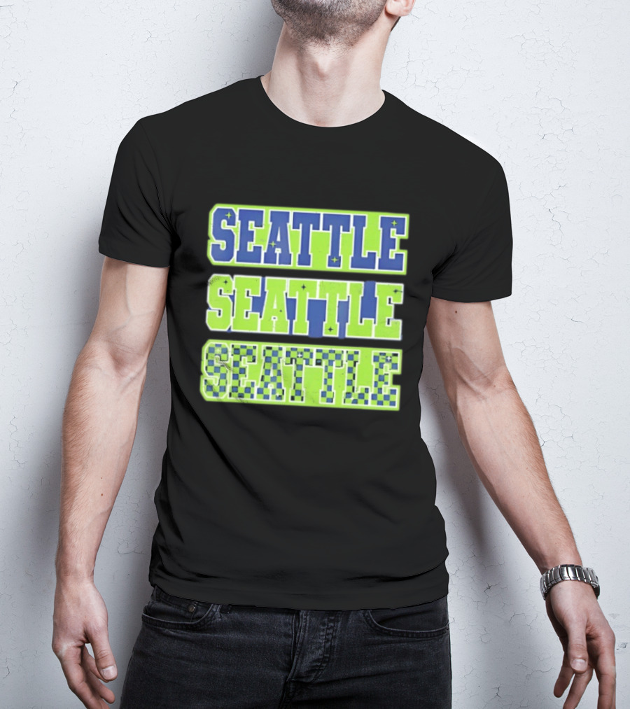 Seattle Blue Green Stars Checkerboard T-Shirt