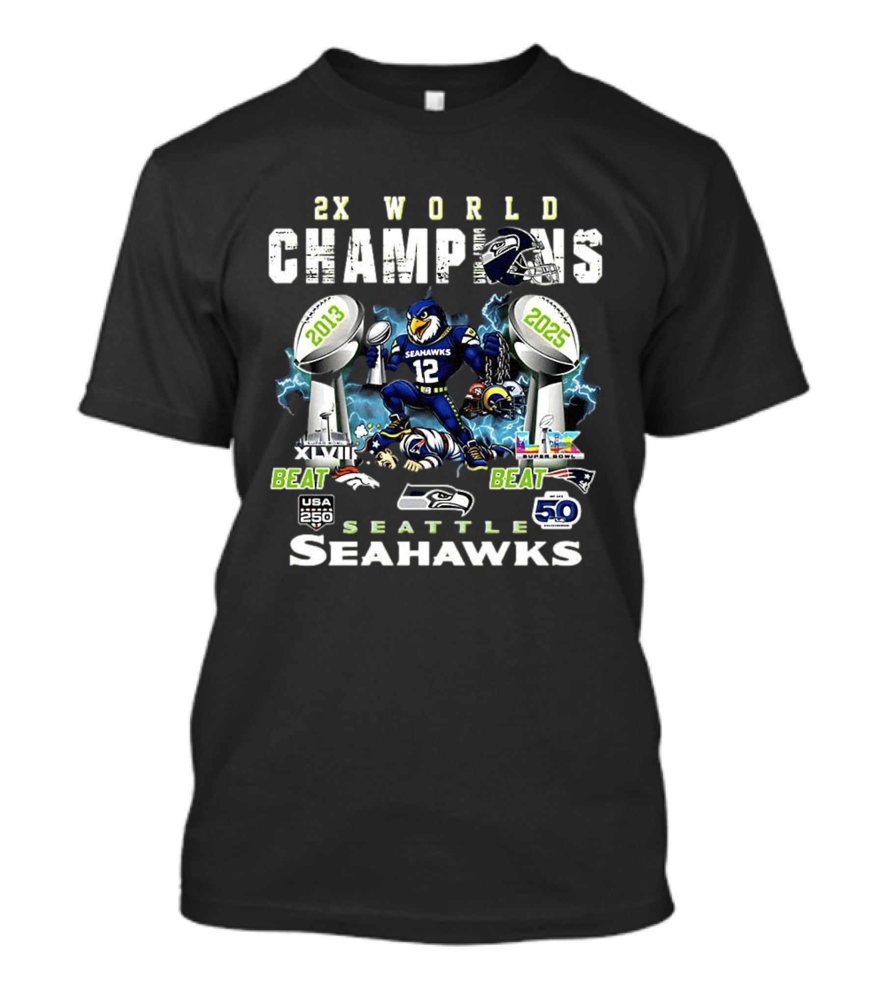 Seattle Seahawks 2x World Champions 2013 2025 Beat New England Patriots Super Bowl Victory T-Shirt