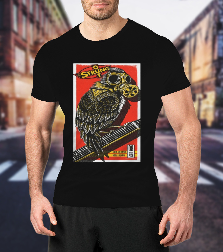 Strung Out February 8 2026 Capital Live Concerts Bogota Colombia Owl Gas Mask Guitar T-Shirt