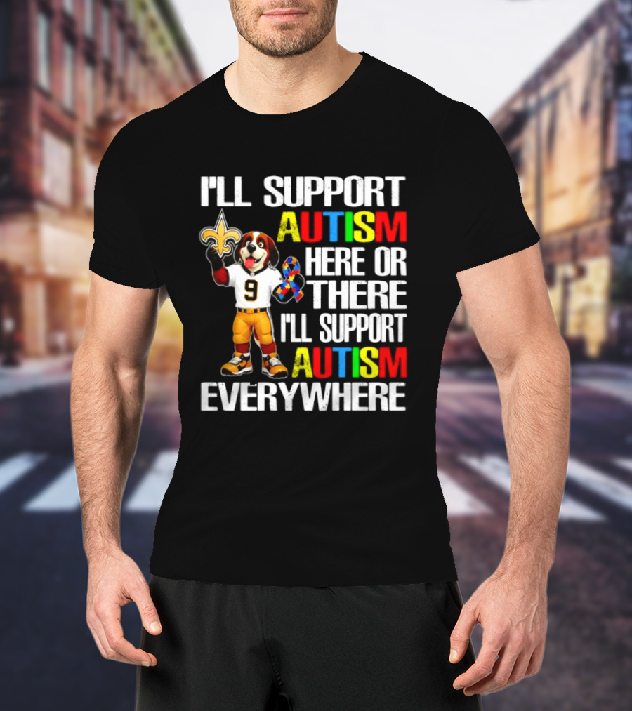 New Orleans Saints Team Mascot Support Autism Awareness Everywhere T-Shirt