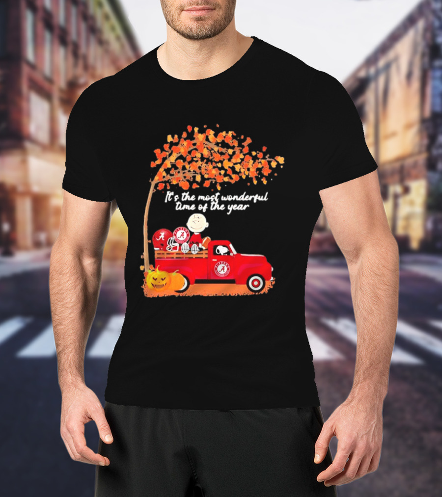 Peanuts Characters Alabama Crimson Tide Pickup Truck Fall Scene T-Shirt