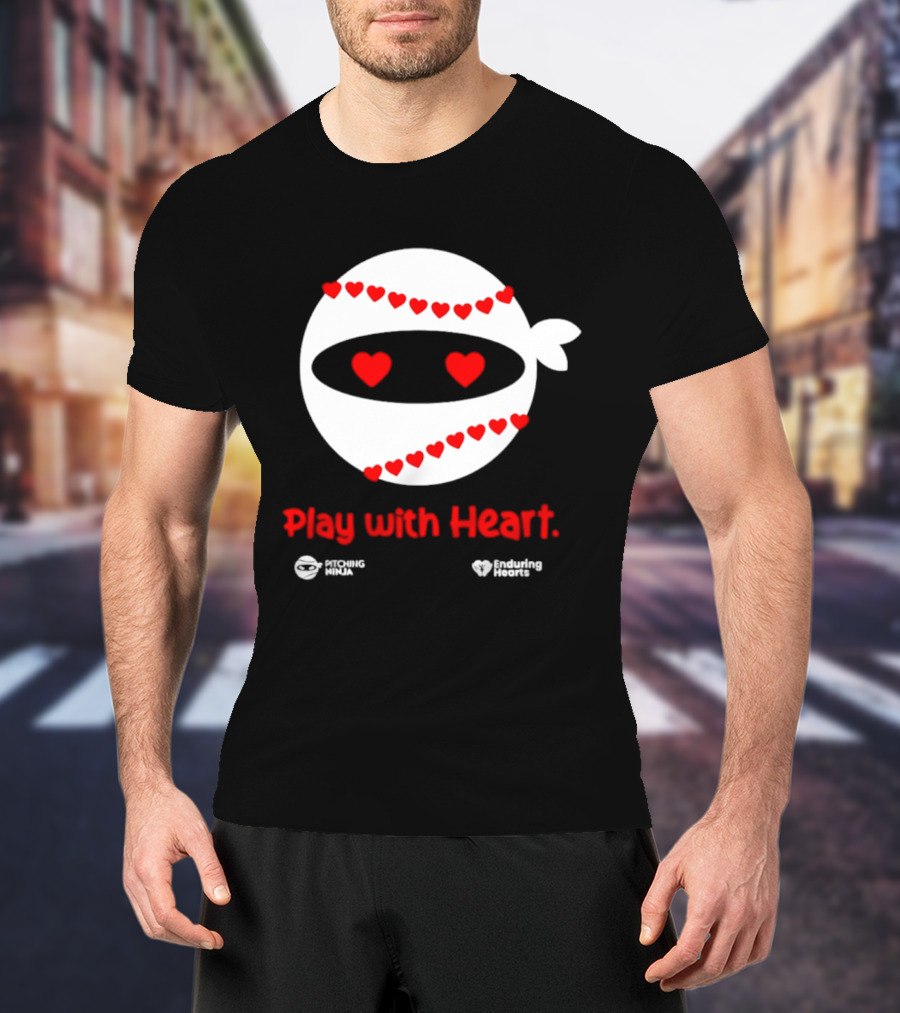 Pitching Ninja Play With Heart Red Love Hearts Baseball T-Shirt