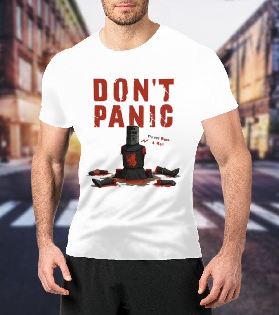 Don't Panic Monty Python Black Knight Sitting In Limbs T-Shirt
