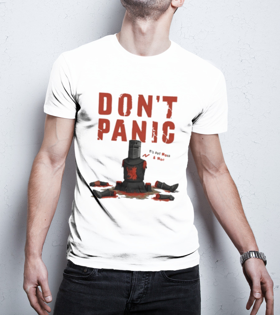 Don't Panic Monty Python Black Knight Sitting In Limbs T-Shirt