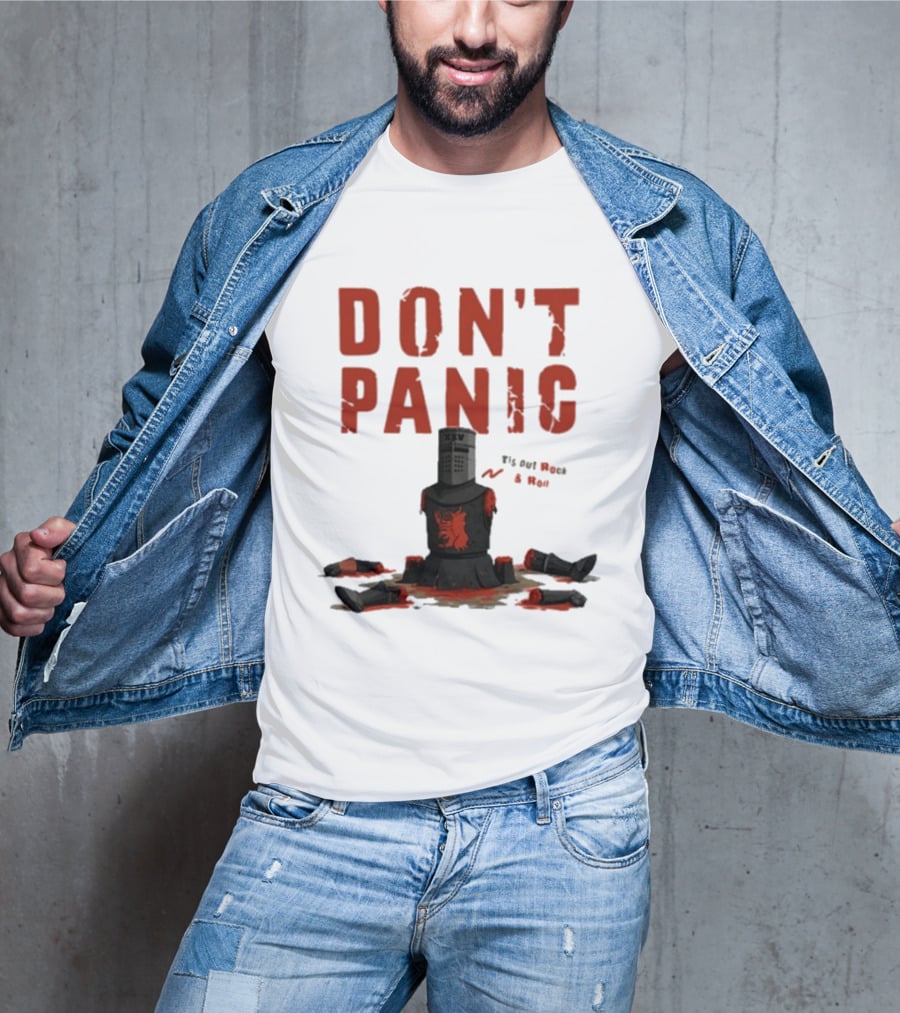 Don't Panic Monty Python Black Knight Sitting In Limbs T-Shirt