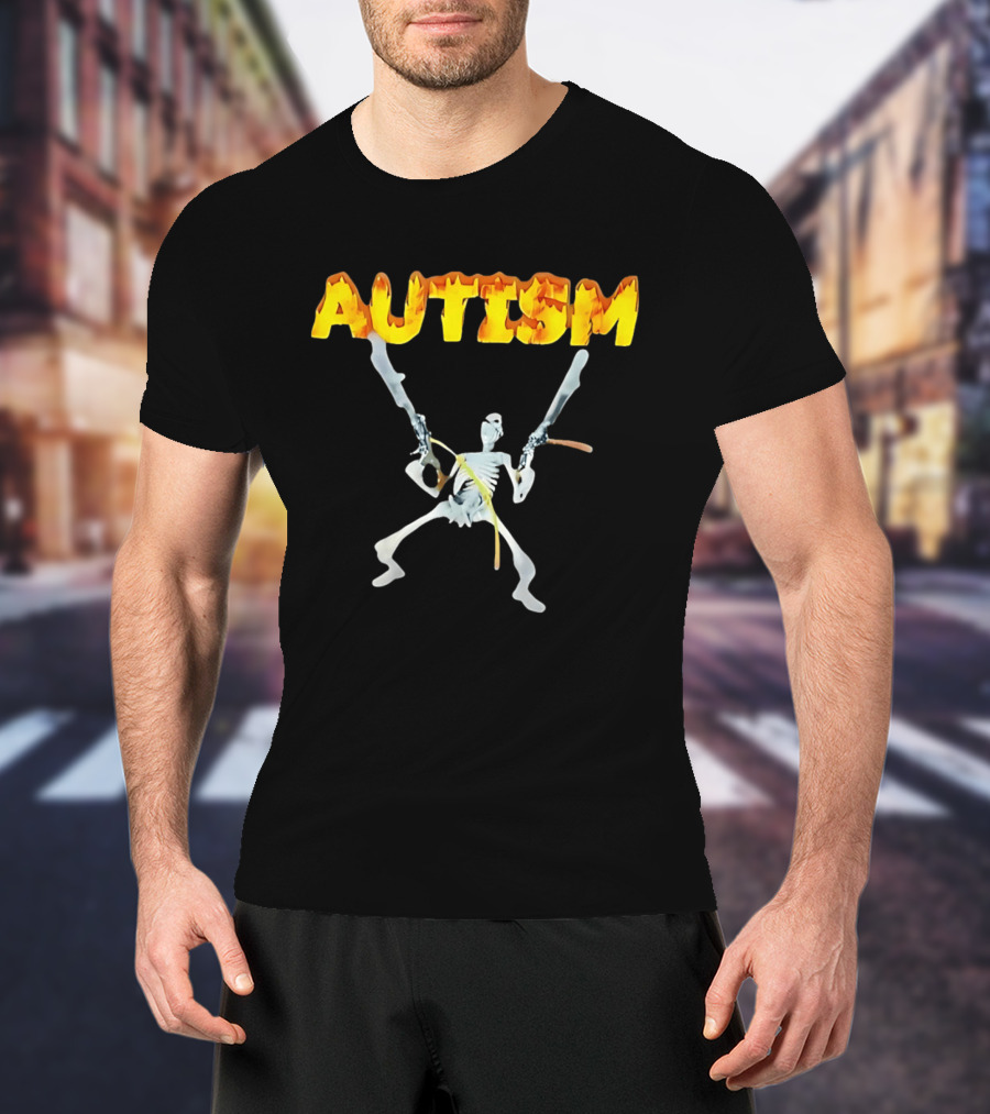 Autism Skeleton With Swords And Fire Letters T-Shirt