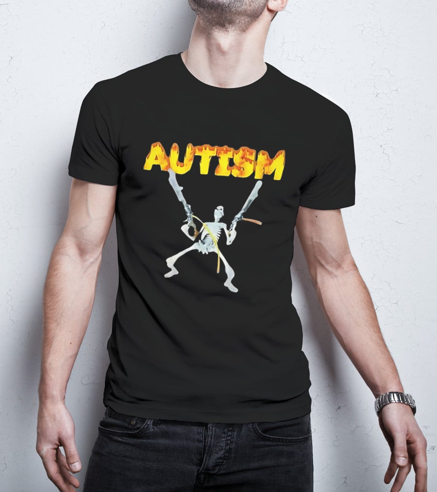 Autism Skeleton With Swords And Fire Letters T-Shirt