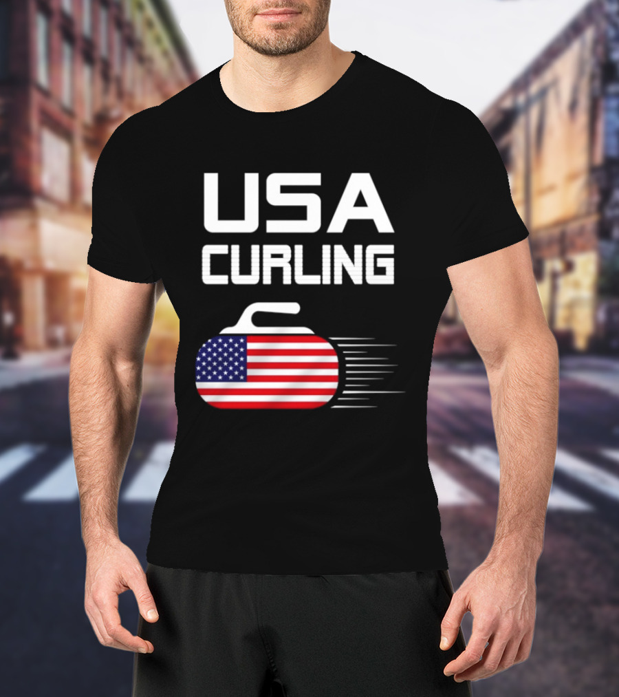 USA Curling American Flag Stone T-Shirt