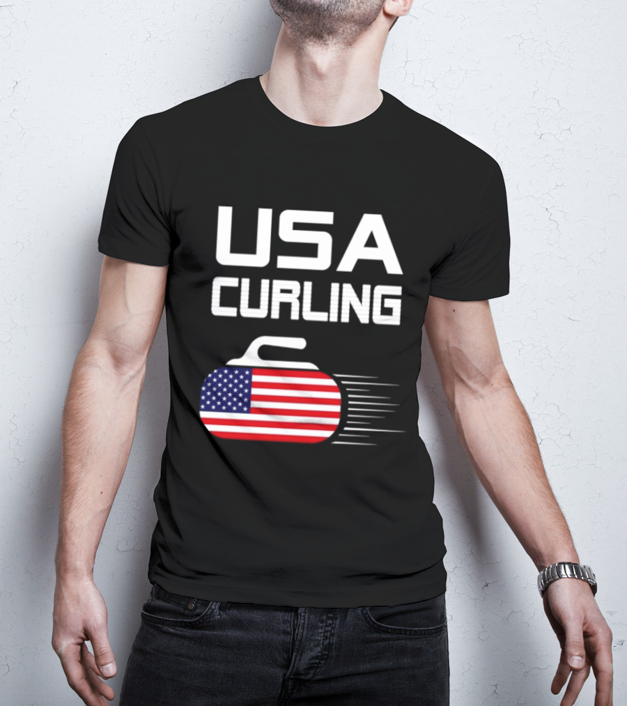 USA Curling American Flag Stone T-Shirt