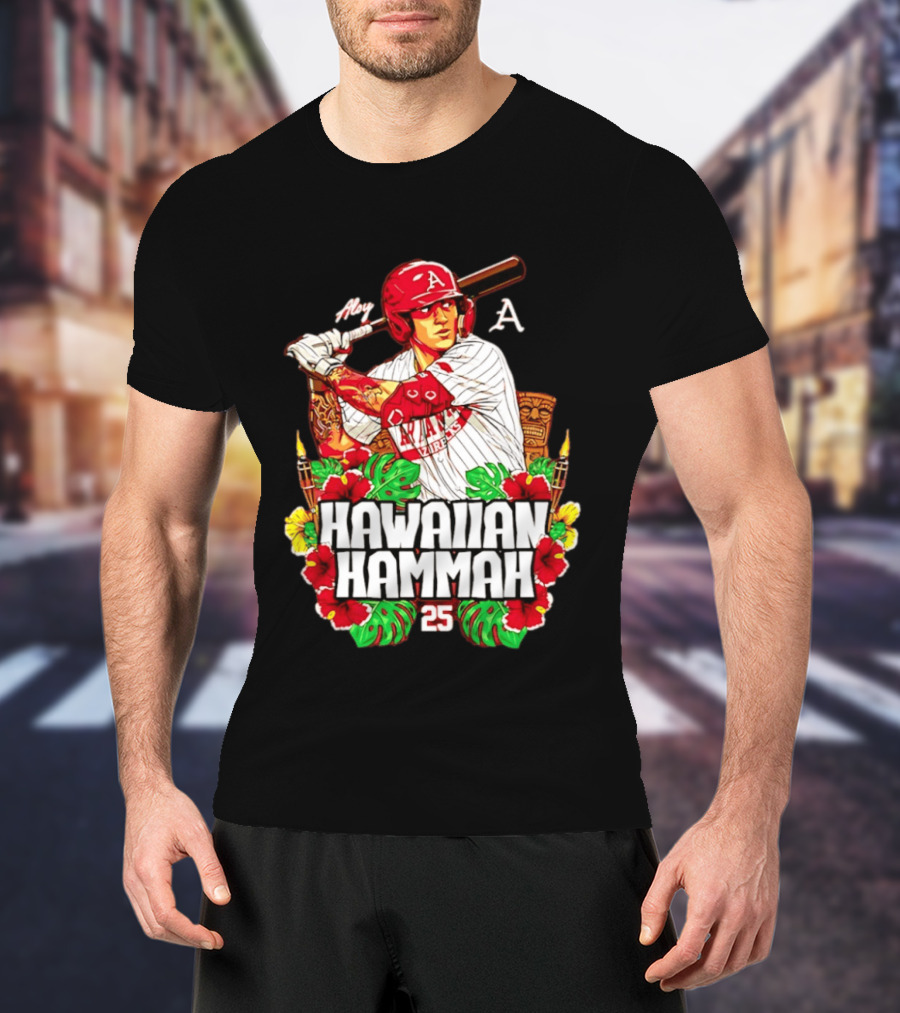 Aloy Hawaiian Hammah Arkansas Baseball 25 Caricature NCAA T-Shirt