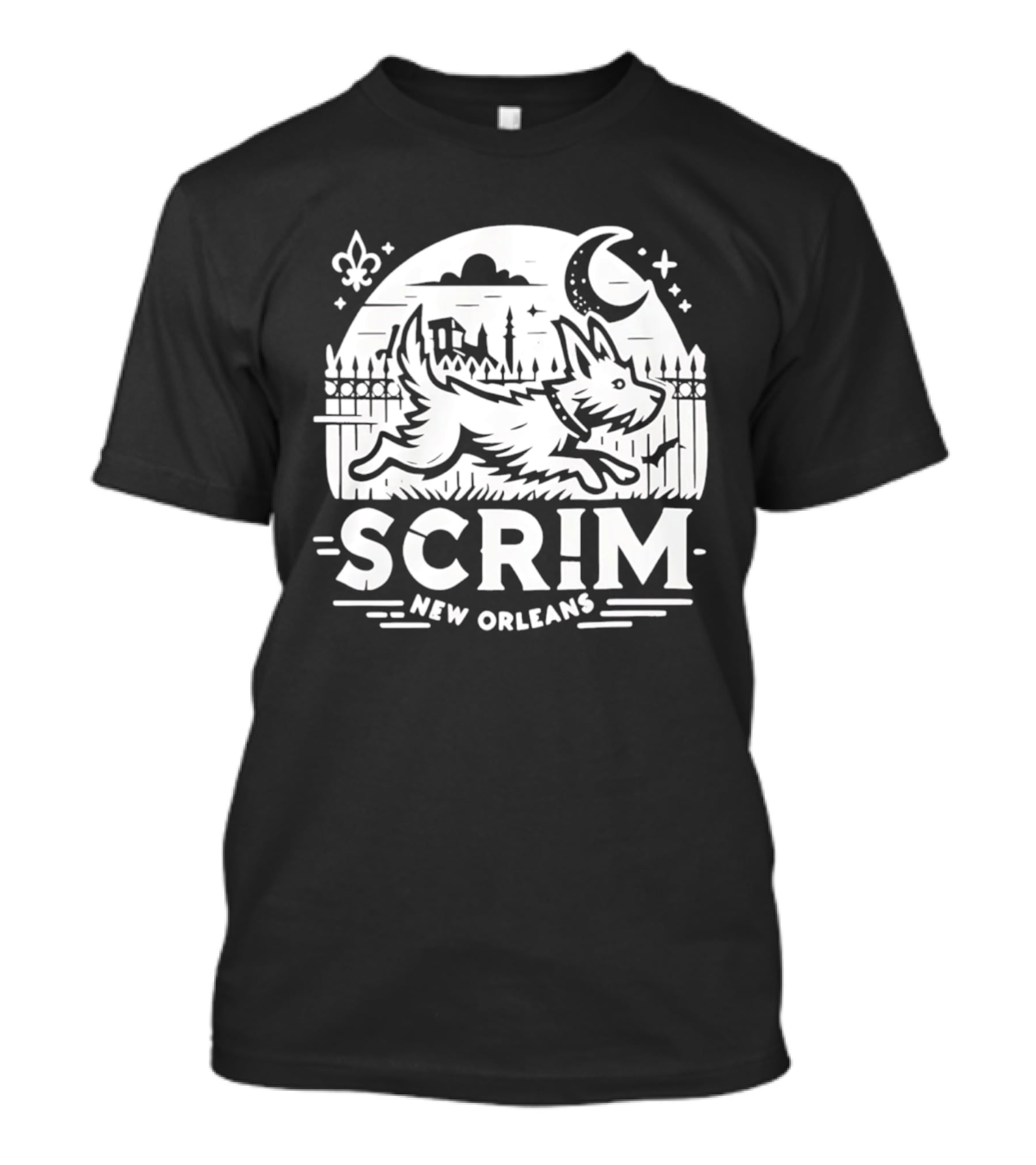 New Orleans Scrim Houdini Hound Live Free Or Bark Trying Moonlit Skyline T-Shirt