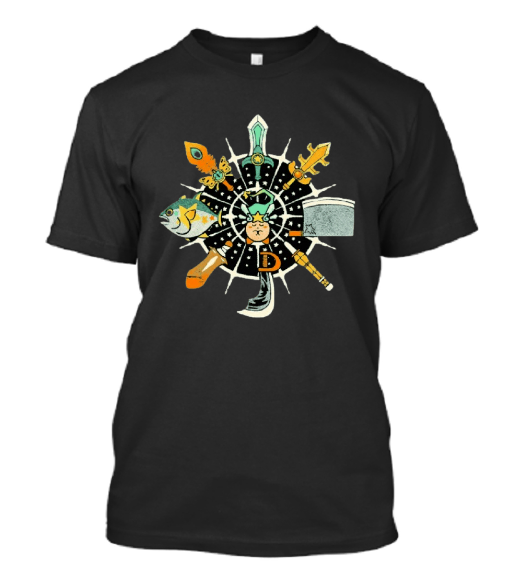 WooshFloosh Compass Sword Fish Key Hammer Cat Star Circular T-Shirt