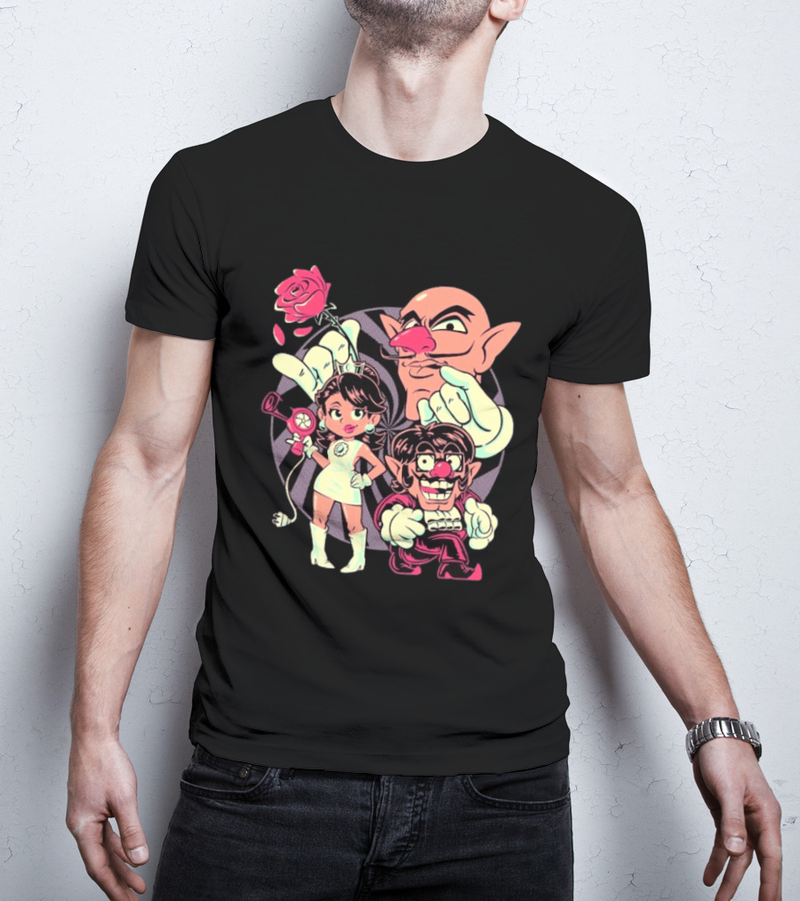 Henrique Torres Oh Be Wah Ve Vintage Cartoon Style Characters And Rose With Electric Plug T-Shirt