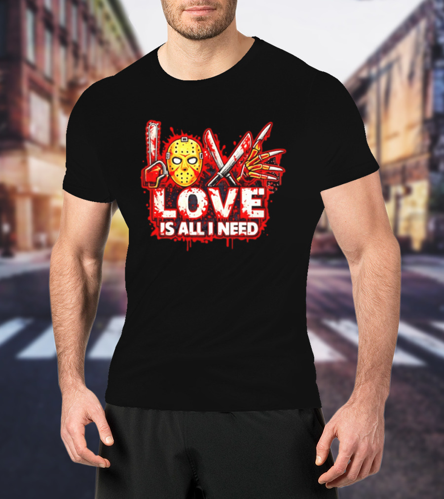 Horror Love Is All I Need Valentine Halloween Mask Knife Claw T-Shirt