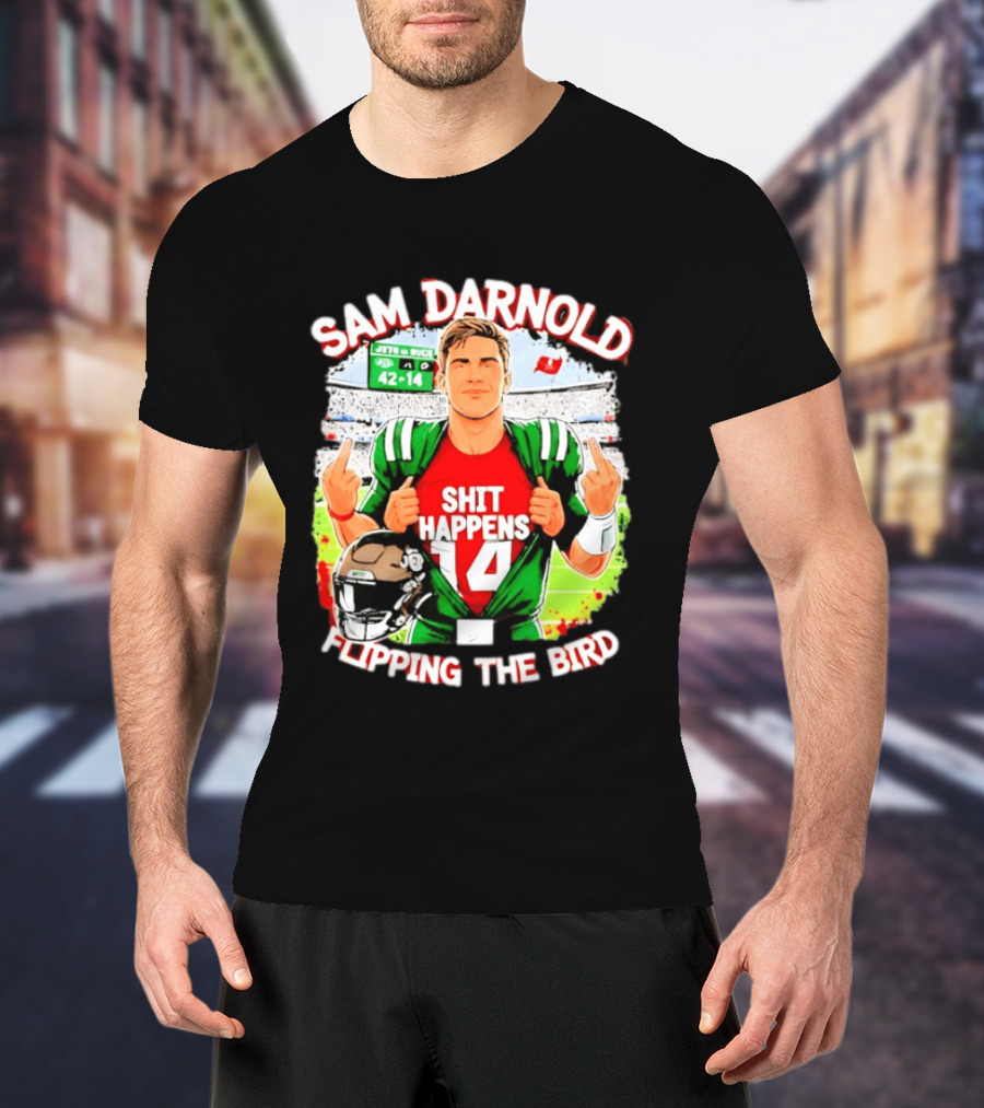 Sam Darnold Shit Happens 14 Flipping The Bird Stadium 42 14 T-Shirt
