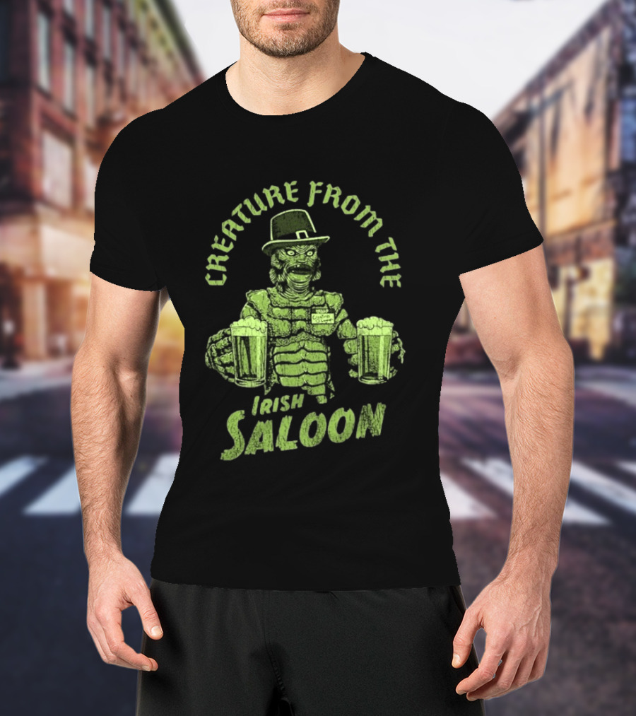 St Patrick's Day Creature From The Irish Saloon Beers Monster In Hat And Name Tag Holding Two Pints T-Shirt