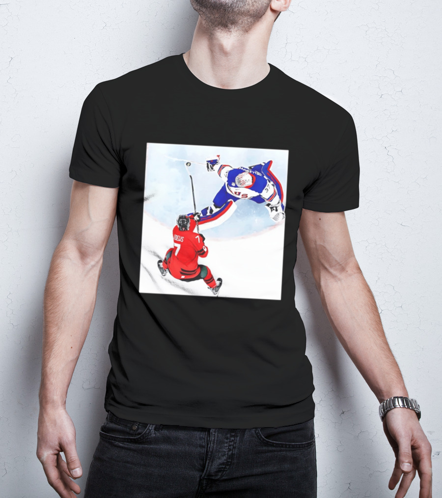 Connor Hellebuyck USA Goalie Save Hockey Match T-Shirt