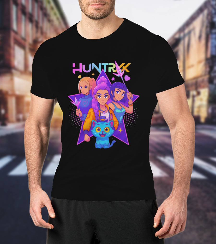 Huntrx Anime All Characters Vibrant Magical Trio And Blue Cat With Crystal Stars T-Shirt