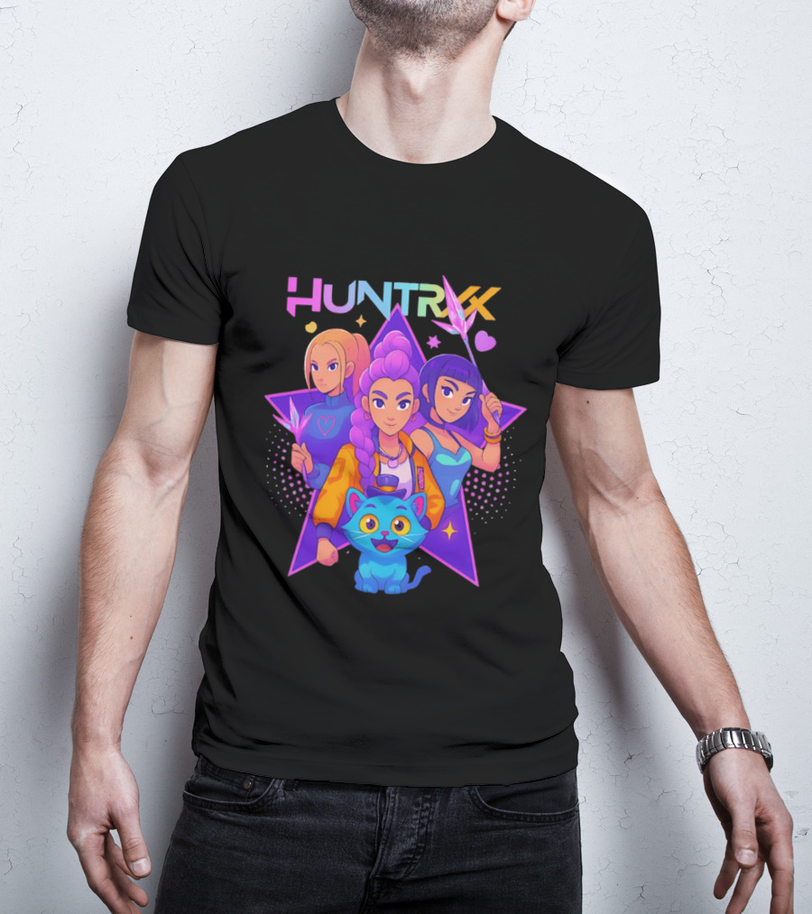 Huntrx Anime All Characters Vibrant Magical Trio And Blue Cat With Crystal Stars T-Shirt