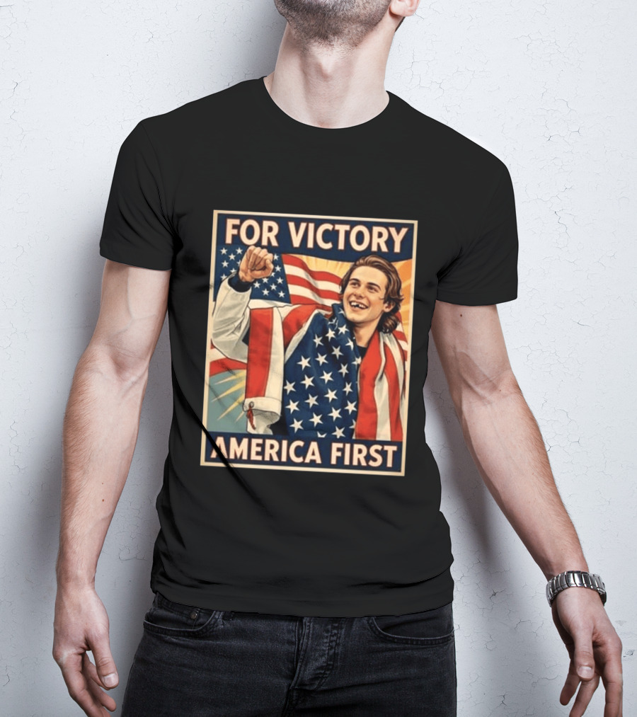 For Victory America First Patriotic Jack Hughes Victory Pose T-Shirt