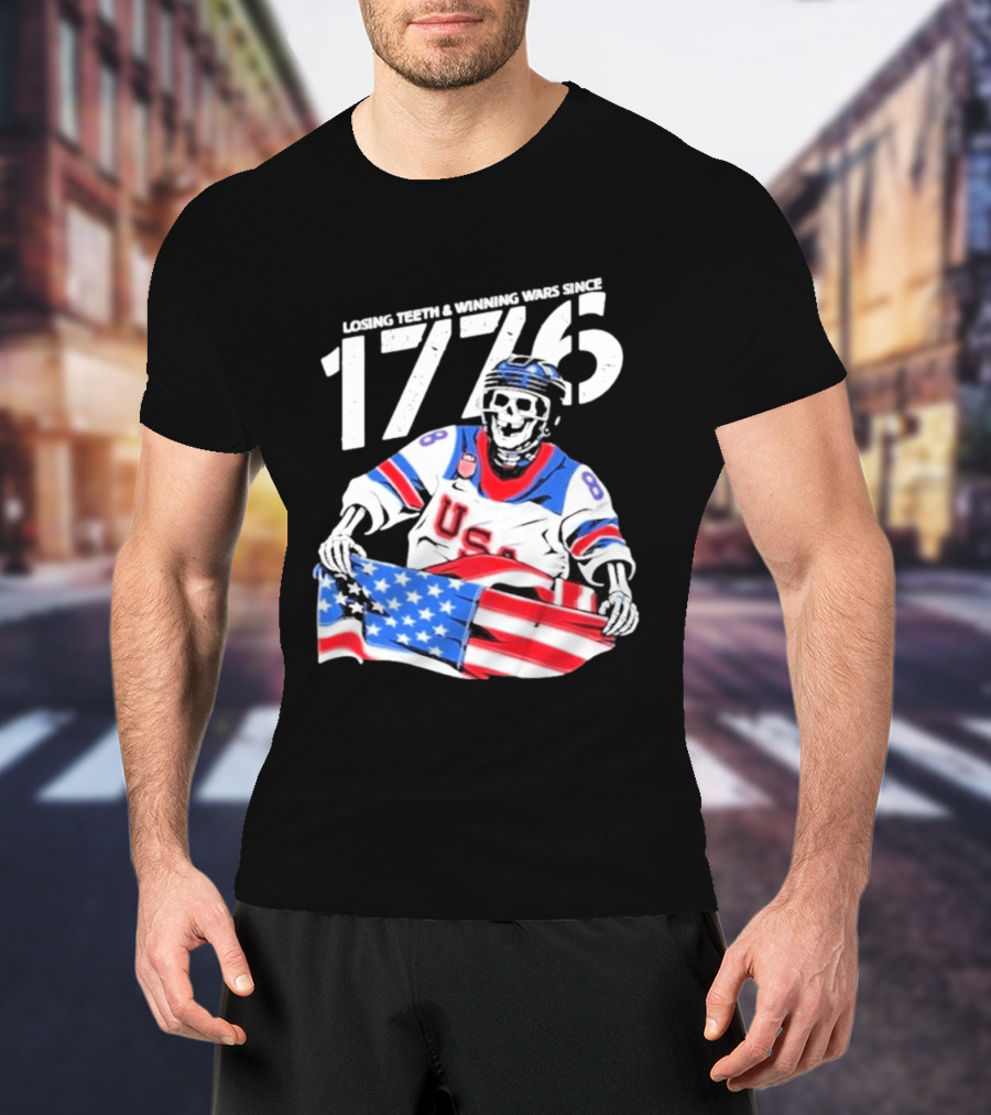 Losing Teeth Winning Wars Since 1776 USA Hockey Skeleton American Flag T-Shirt