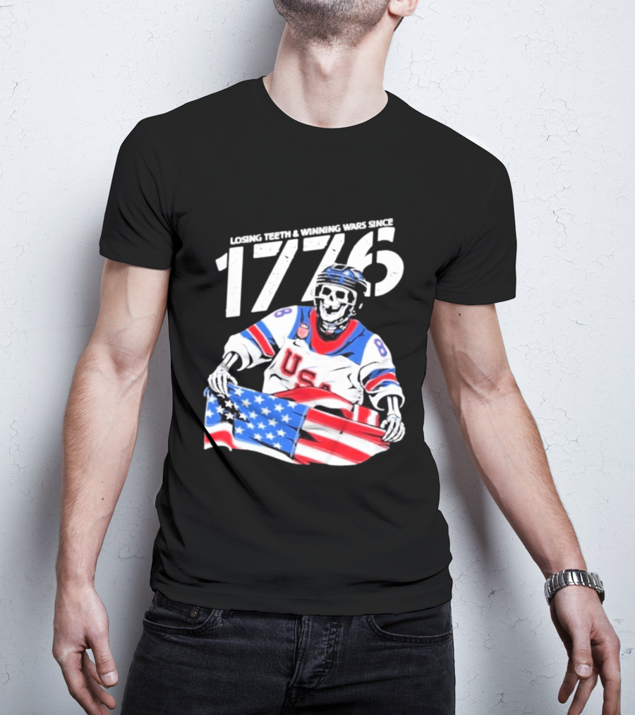 Losing Teeth Winning Wars Since 1776 USA Hockey Skeleton American Flag T-Shirt