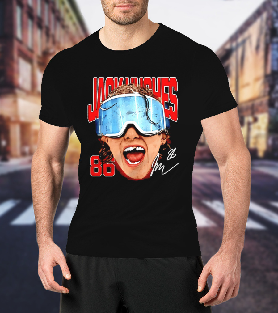 Jack Hughes New Jersey Devils 86 Goggles Signature T-Shirt
