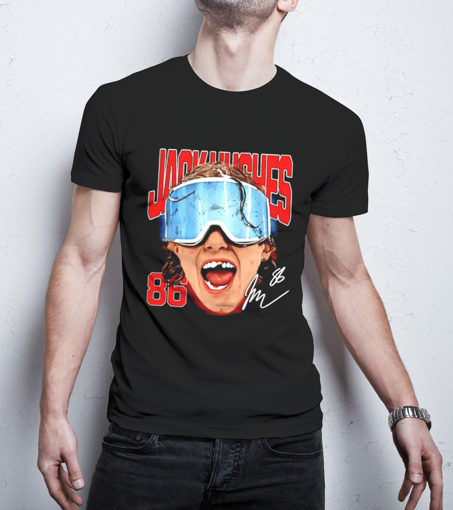 Jack Hughes New Jersey Devils 86 Goggles Signature T-Shirt