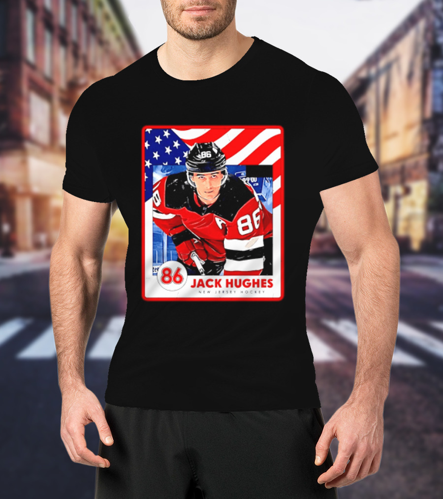 Jack Hughes 86 New Jersey Hockey American Flag T-Shirt