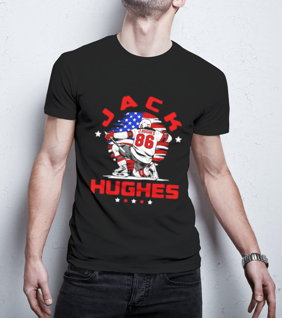 Jack Hughes 86 New Jersey Devils USA Flag Celebration T-Shirt