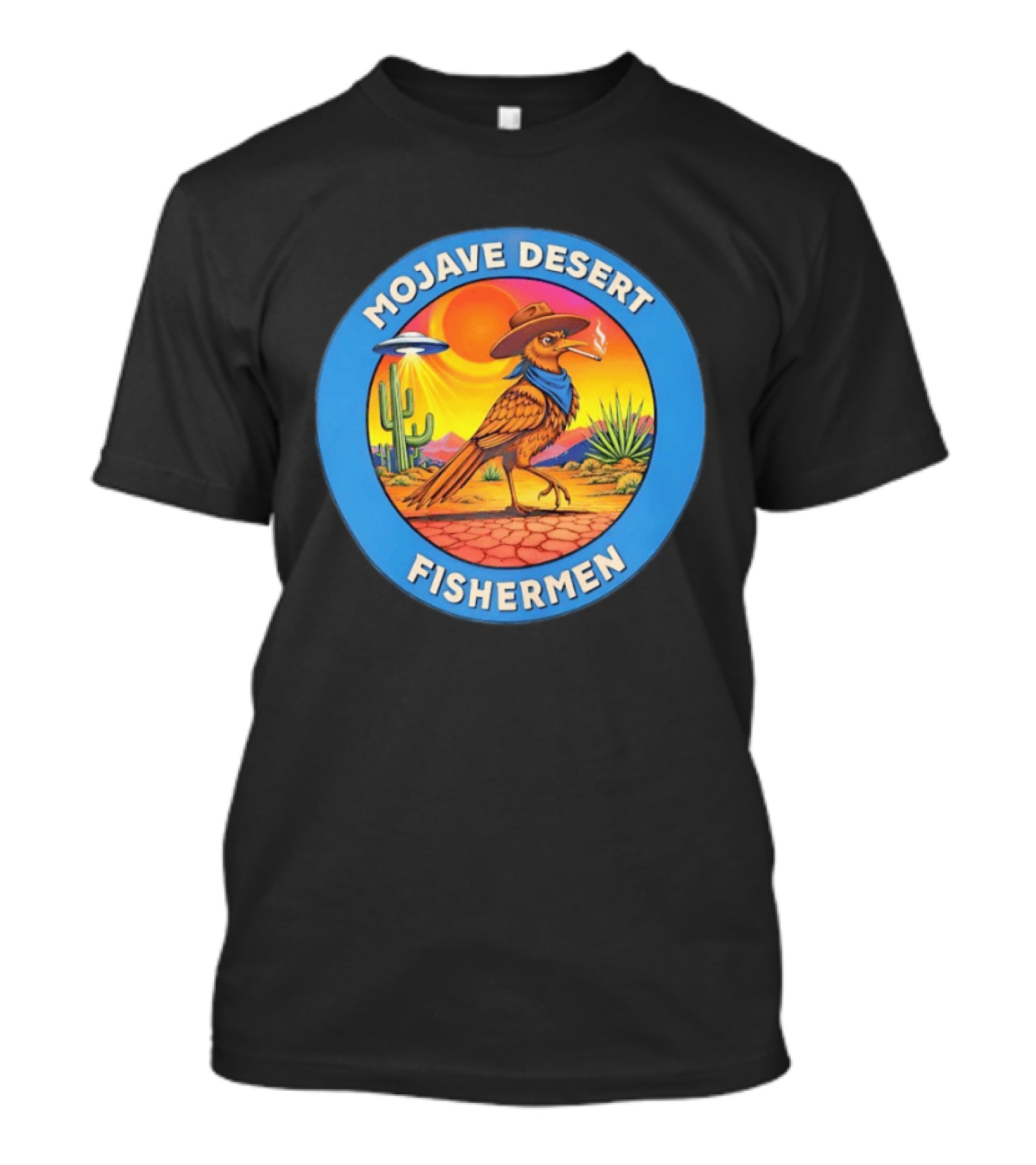 Mojave Desert Fishermen UFO Roadrunner Cowboy Sunset Cactus Circle T-Shirt