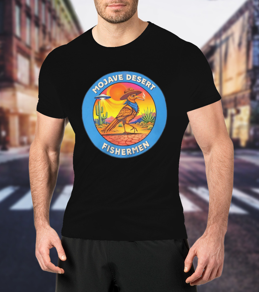 Mojave Desert Fishermen UFO Roadrunner Cowboy Sunset Cactus Circle T-Shirt