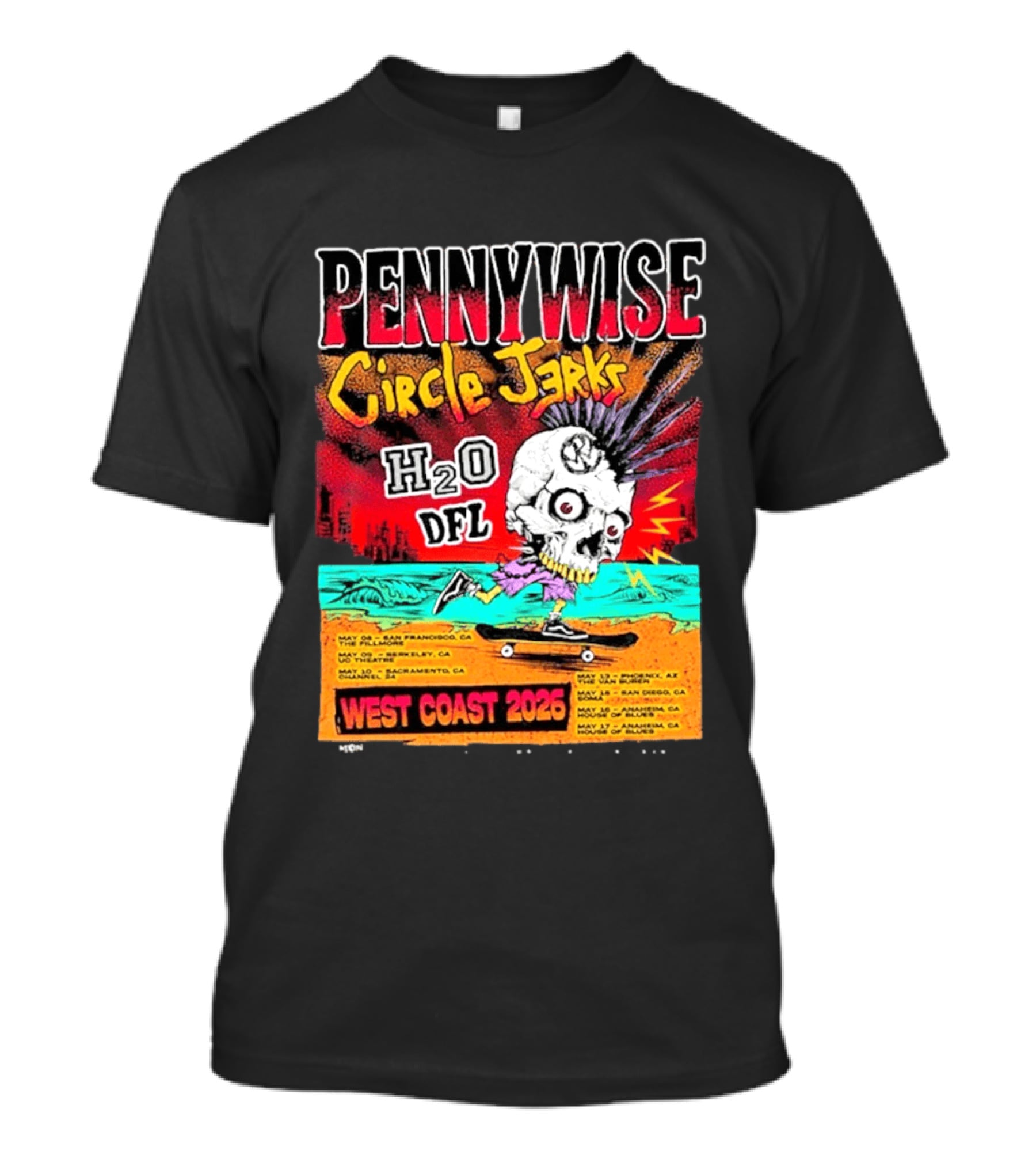 Pennywise Circle Jerks H2O DFL West Coast 2026 Tour San Francisco Sacramento Berkeley San Diego T-Shirt