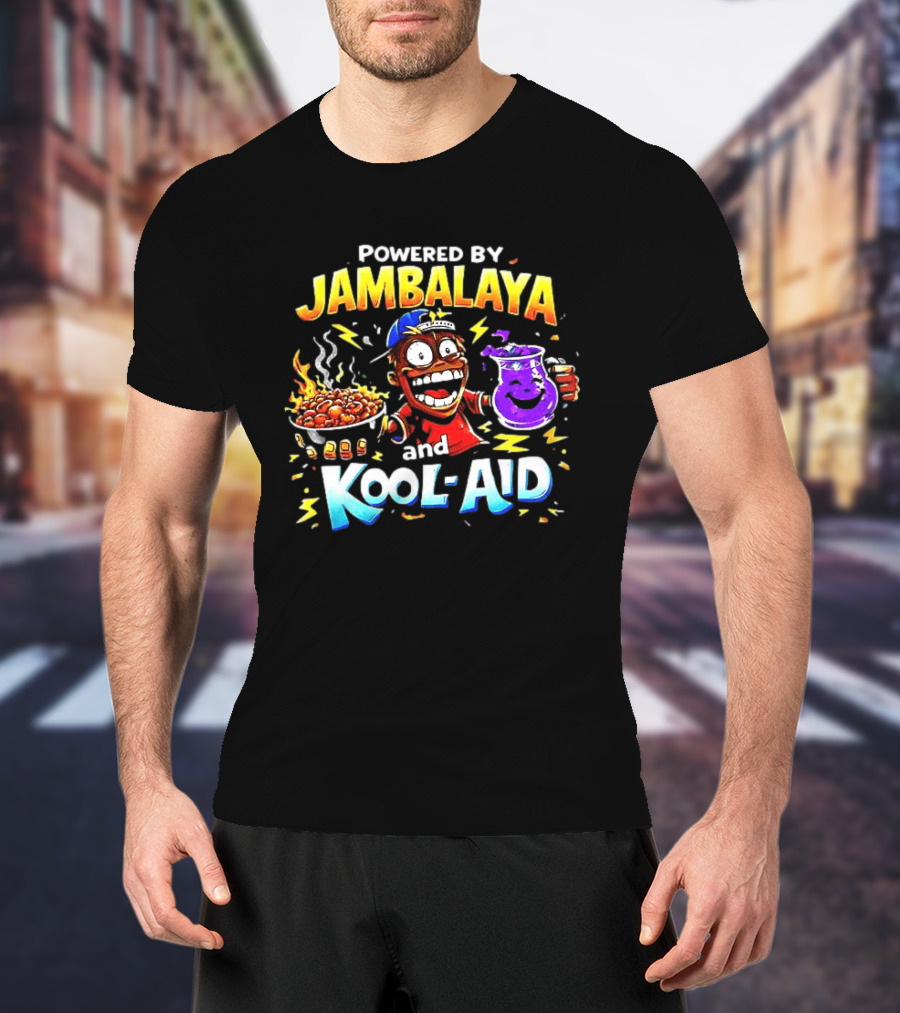 Powered By Jambalaya And Kool Aid Bold Colors Cartoon Character Fun T-Shirt