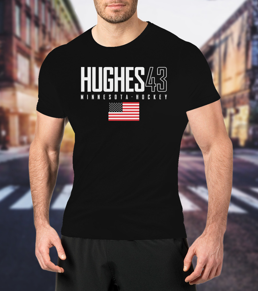 Hughes 43 Minnesota Hockey USA Flag T-Shirt