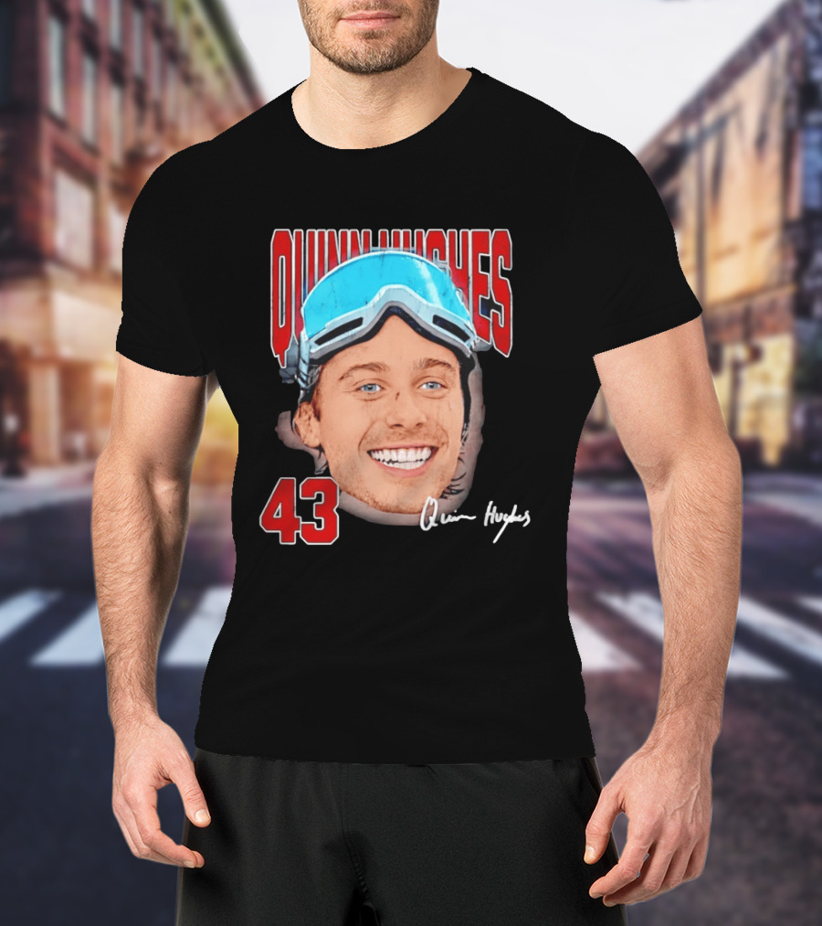 Quinn Hughes Big Head Goggles 43 Signature T-Shirt