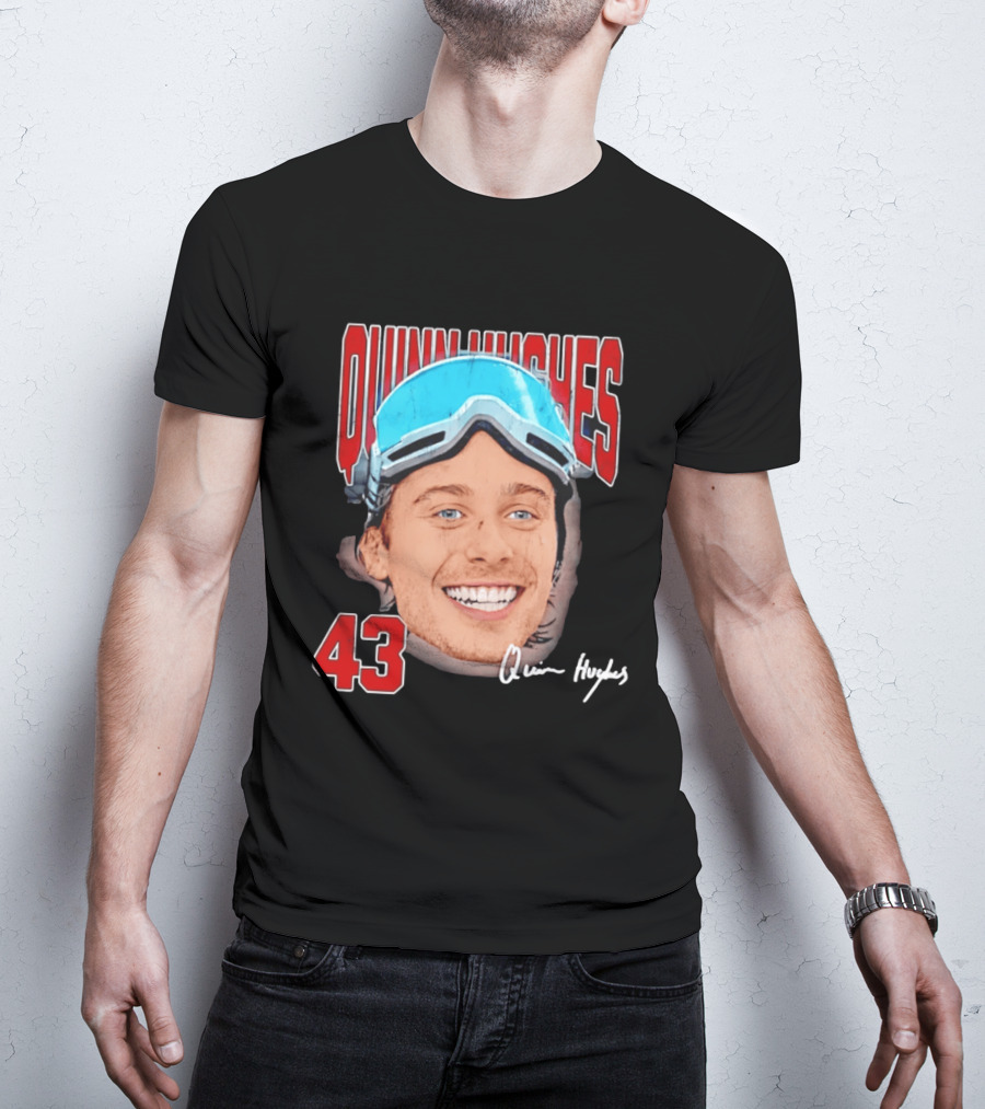 Quinn Hughes Big Head Goggles 43 Signature T-Shirt