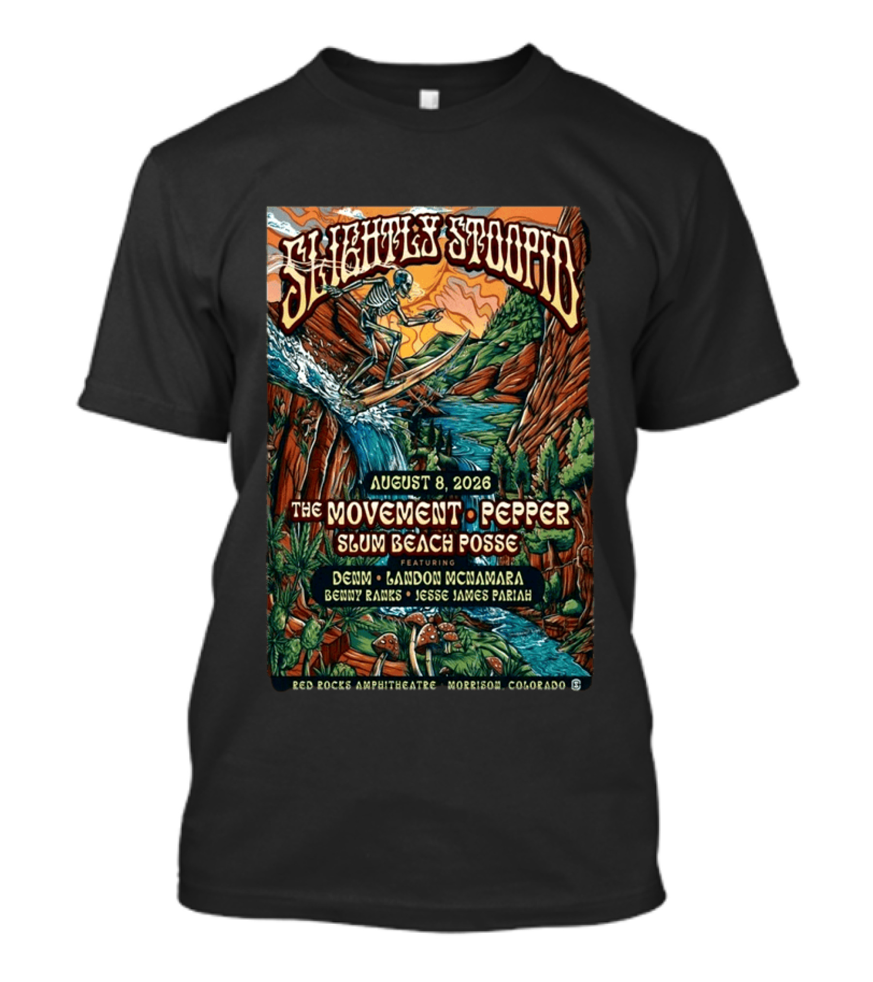Slightly Stoopid Concert August 8 2026 Red Rocks Amphitheatre Featuring The Movement Pepper Slum Beach Posse Morrison CO T-Shirt