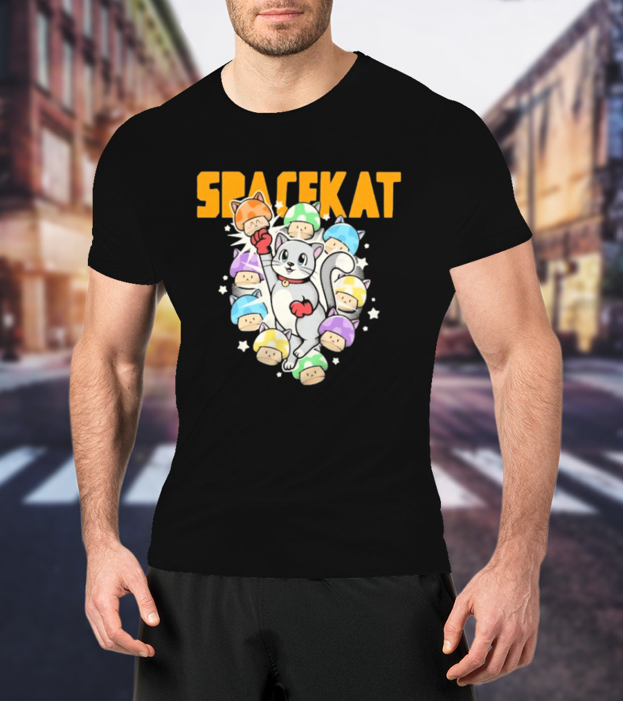 Spacekat Cat Surrounded By Colorful Mushroom Characters T-Shirt