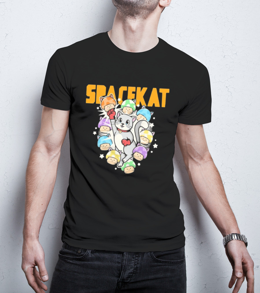 Spacekat Cat Surrounded By Colorful Mushroom Characters T-Shirt