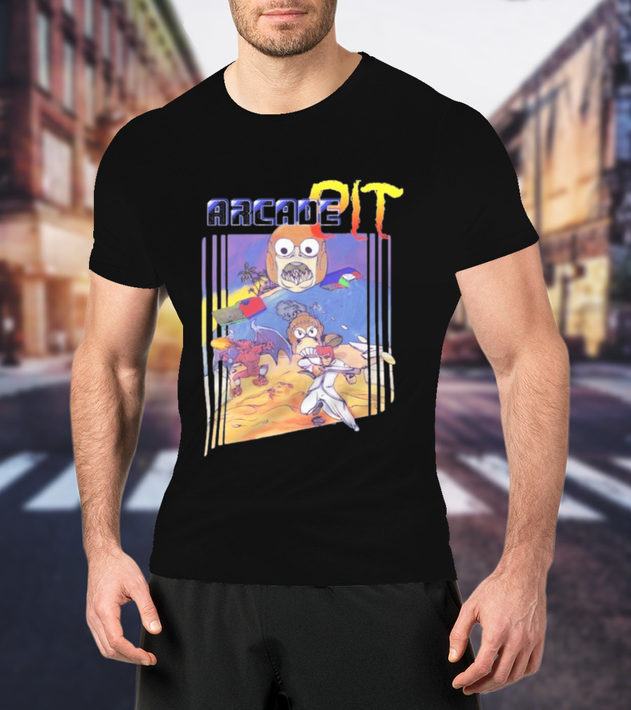 Arcade Pit Smight X Contra Characters And Cartoon Face Beach Scene T-Shirt