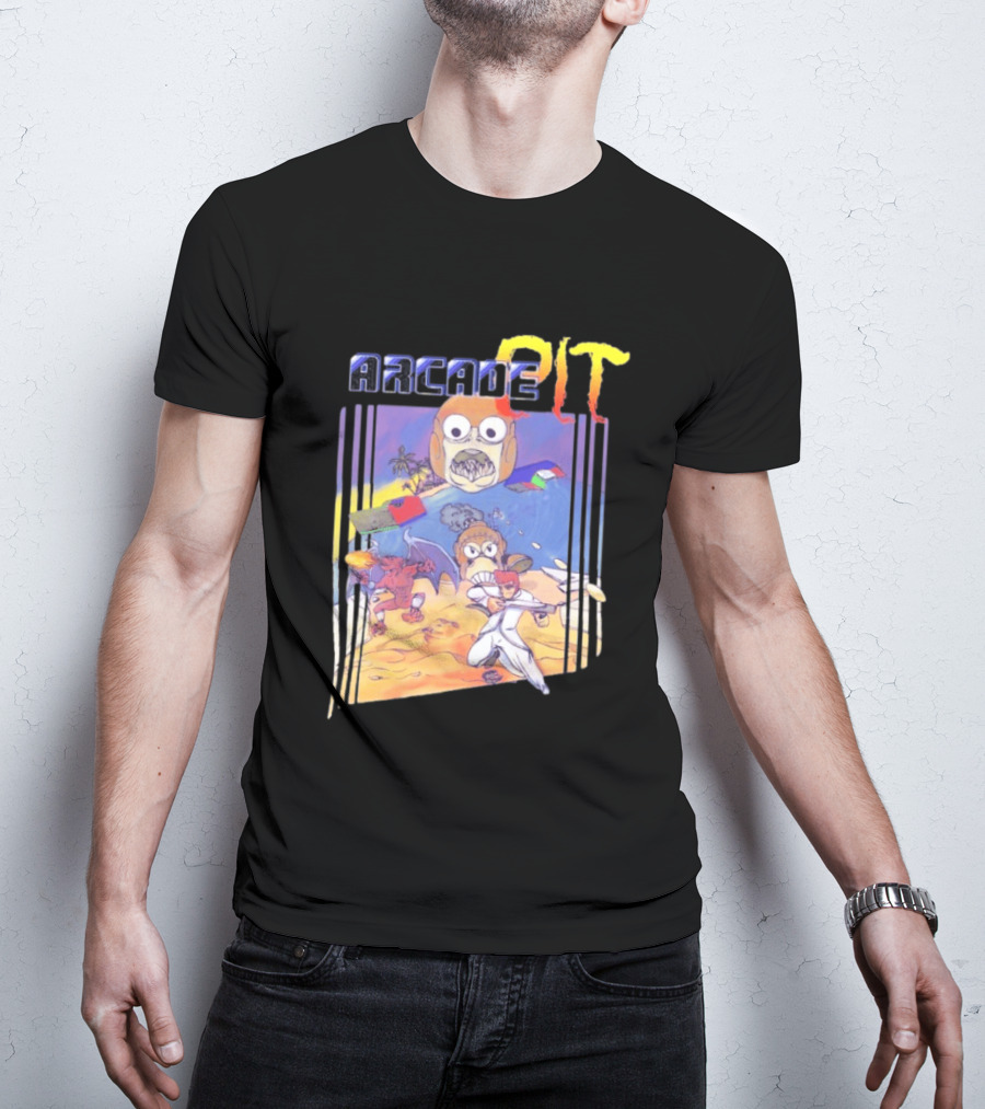 Arcade Pit Smight X Contra Characters And Cartoon Face Beach Scene T-Shirt
