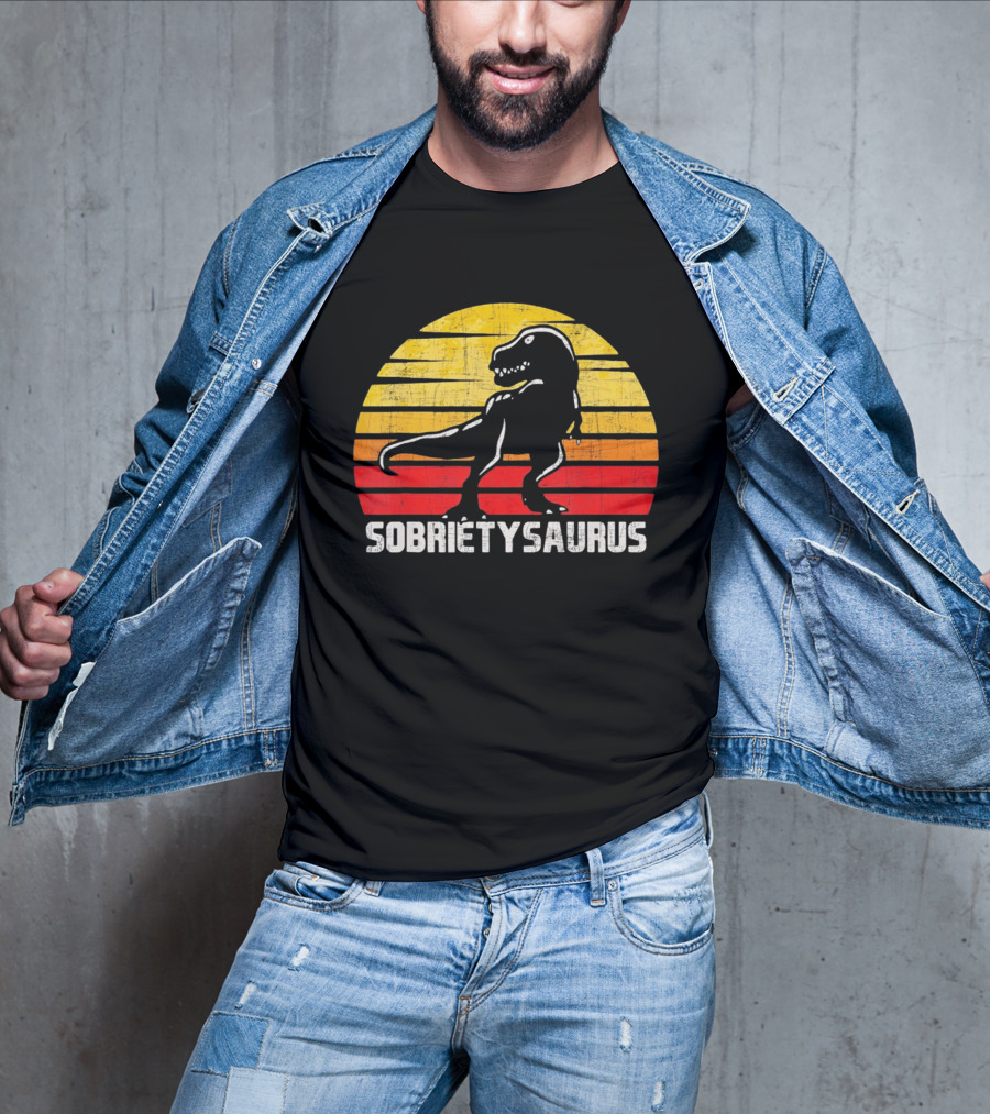 Sober Sobrietysaurus Sobriety Anniversary Recovery Rex Sunset T-Shirt