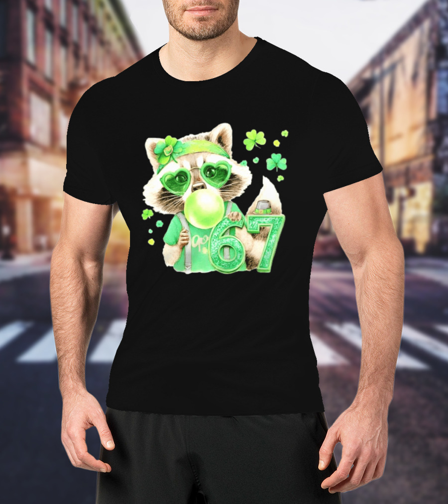 St Patrick's Day Raccoon With Shamrock Heart Glasses And 67 Bubblegum T-Shirt