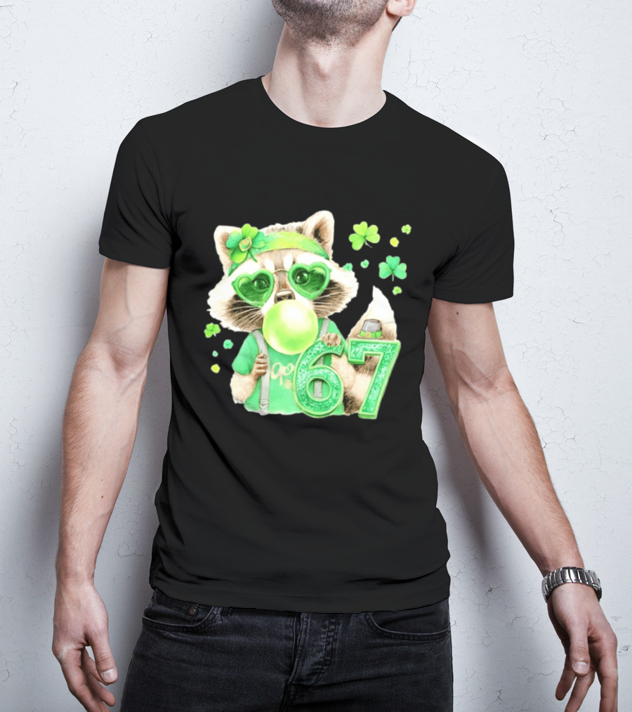 St Patrick's Day Raccoon With Shamrock Heart Glasses And 67 Bubblegum T-Shirt