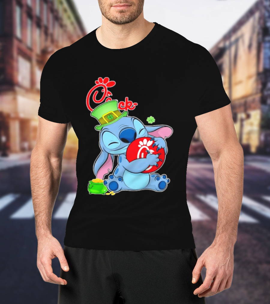 Stitch Holding Chick Fil A Logo With St. Patrick's Day Hat And Clover T-Shirt
