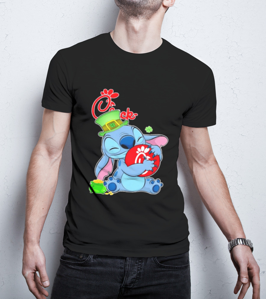 Stitch Holding Chick Fil A Logo With St. Patrick's Day Hat And Clover T-Shirt