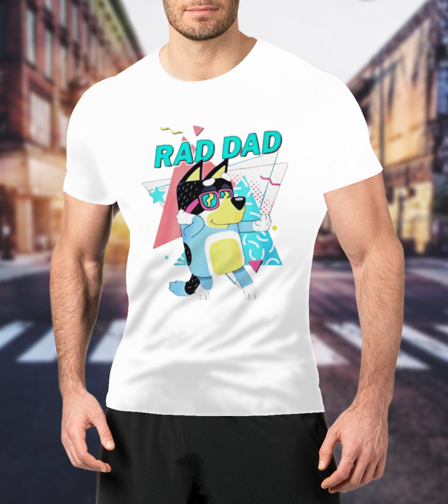 Blue Dog Rad Dad Retro Vibes With Sunglasses And Geometric T-Shirt